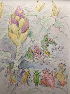 teckning i färg, föreställande växter och insekter som spelar musik på olika instrument. Konstnär Per Jadéus