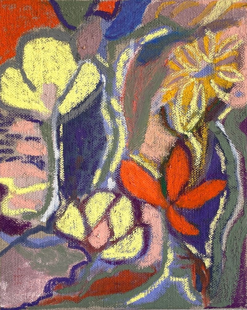 olja pastell på rå duk, 22x27 cm
blomstermotiv i violett, blått, ljusgult och lite klarrött